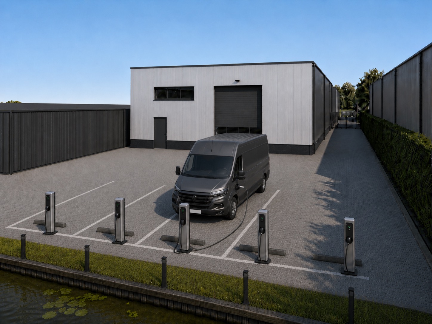 Hanzeweg 35 — herontwikkelingsimpressie van de achterzijde en parkeerplaats met laadpunten